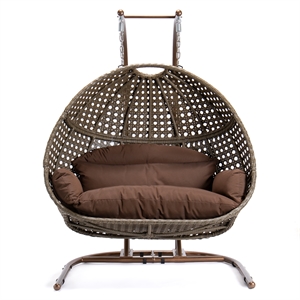 leisuremod beige wicker double 2-person hanging egg swing chair in dark brown