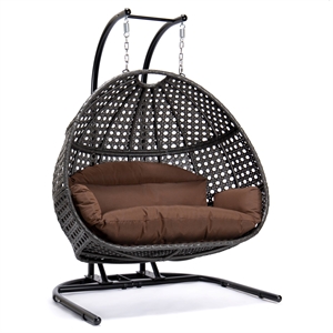 leisuremod charcoal wicker double 2-person hanging egg swing chair in dark brown