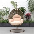 LeisureMod Beige Wicker Patio Egg Swing Chair with Stand in Beige