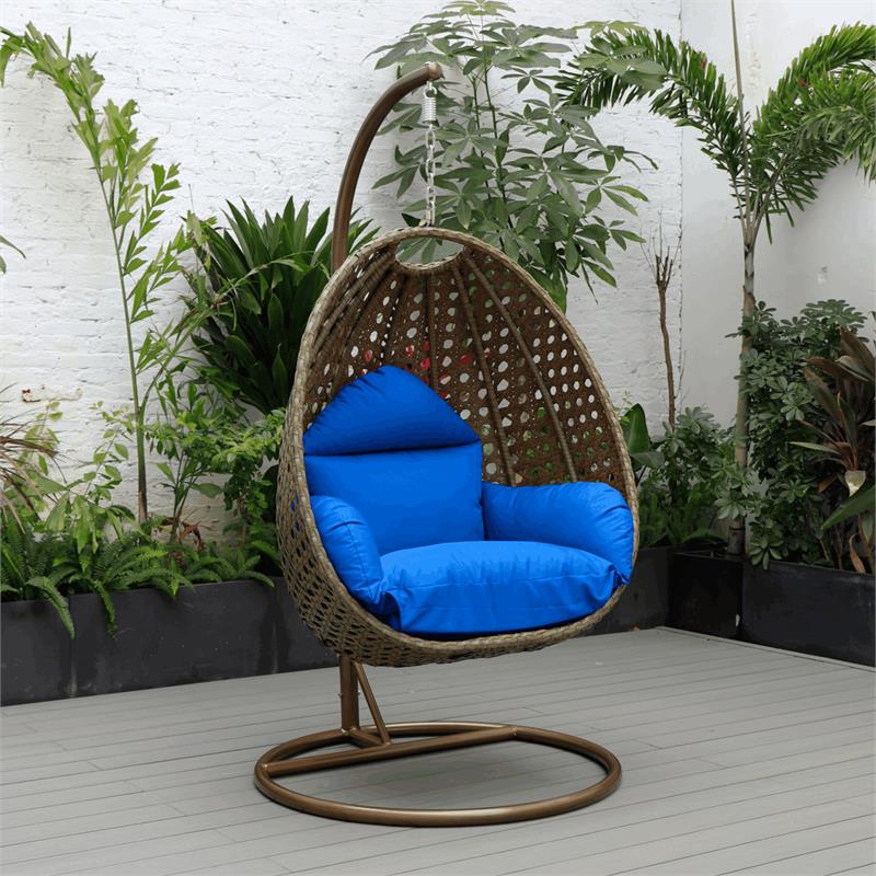 LeisureMod Beige Wicker Patio Egg Swing Chair with Stand in Blue