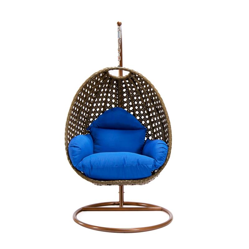LeisureMod Beige Wicker Patio Egg Swing Chair with Stand in Blue