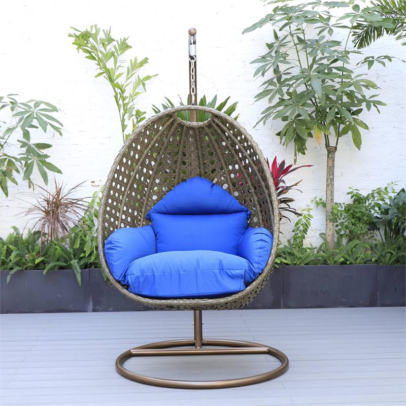 LeisureMod Beige Wicker Patio Egg Swing Chair with Stand in Blue