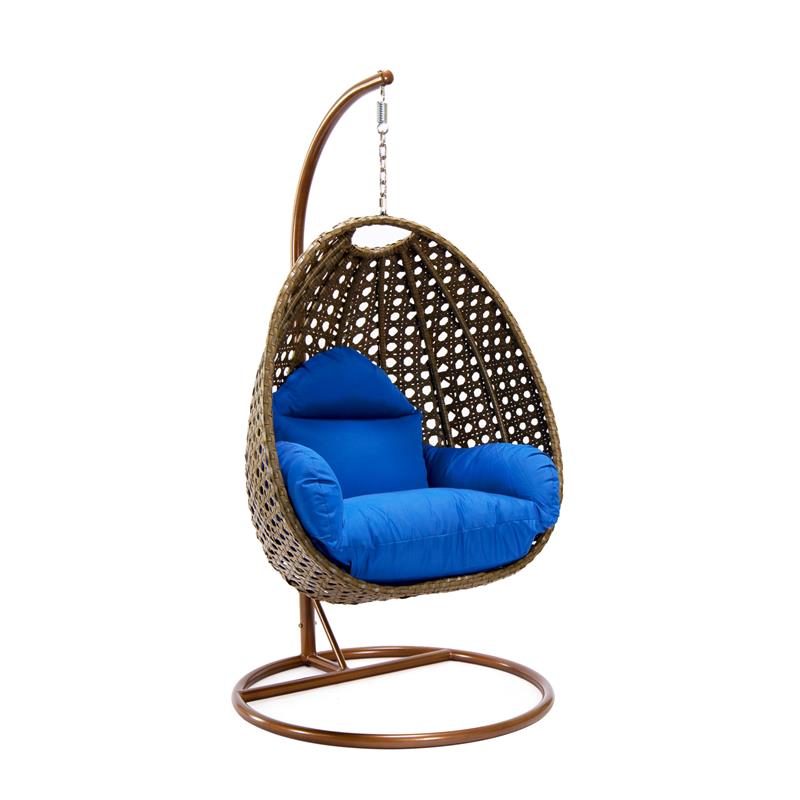 LeisureMod Beige Wicker Patio Egg Swing Chair with Stand in Blue