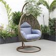 LeisureMod Beige Wicker Patio Egg Swing Chair with Stand in Charcoal Blue
