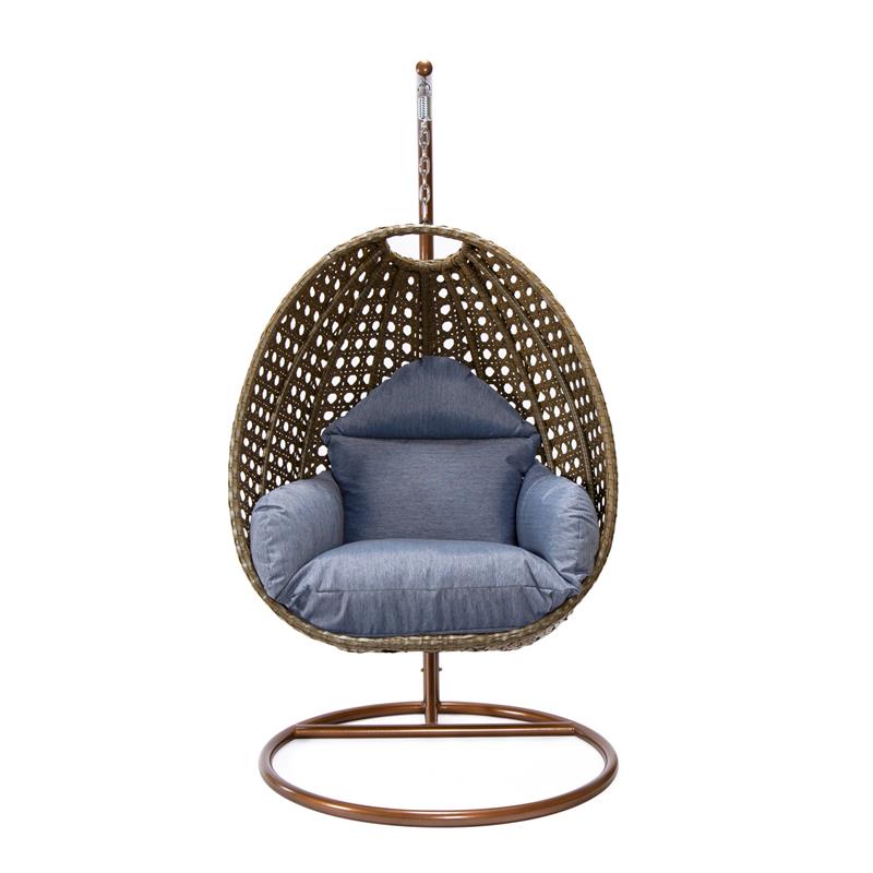 LeisureMod Beige Wicker Patio Egg Swing Chair with Stand in Charcoal Blue