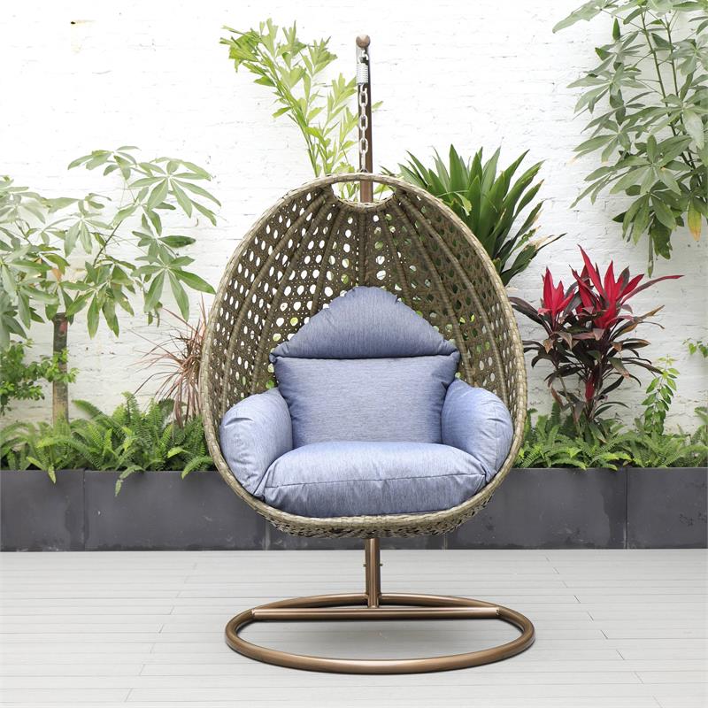 LeisureMod Beige Wicker Patio Egg Swing Chair with Stand in Charcoal Blue