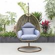 LeisureMod Beige Wicker Patio Egg Swing Chair with Stand in Charcoal Blue