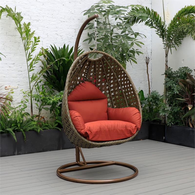LeisureMod Beige Wicker Patio Egg Swing Chair with Stand in Cherry