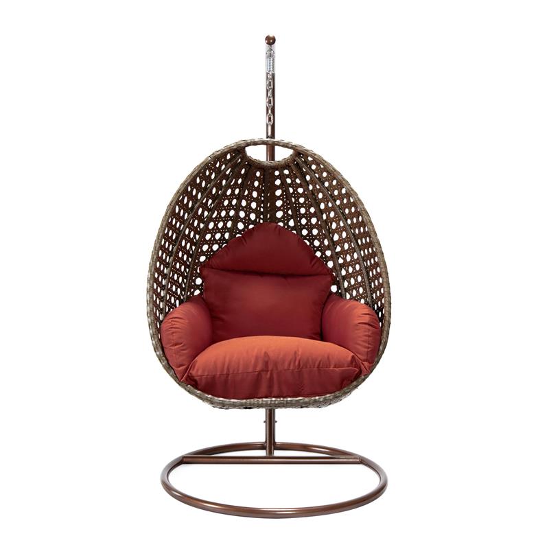 LeisureMod Beige Wicker Patio Egg Swing Chair with Stand in Cherry