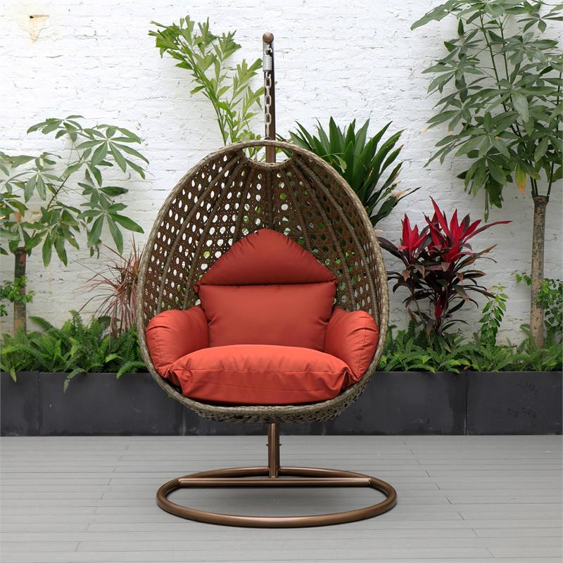 LeisureMod Beige Wicker Patio Egg Swing Chair with Stand in Cherry