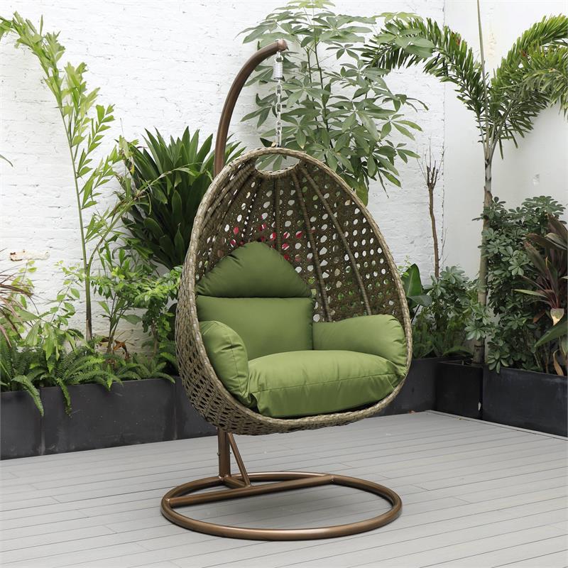 LeisureMod Beige Wicker Patio Egg Swing Chair with Stand in Dark Green