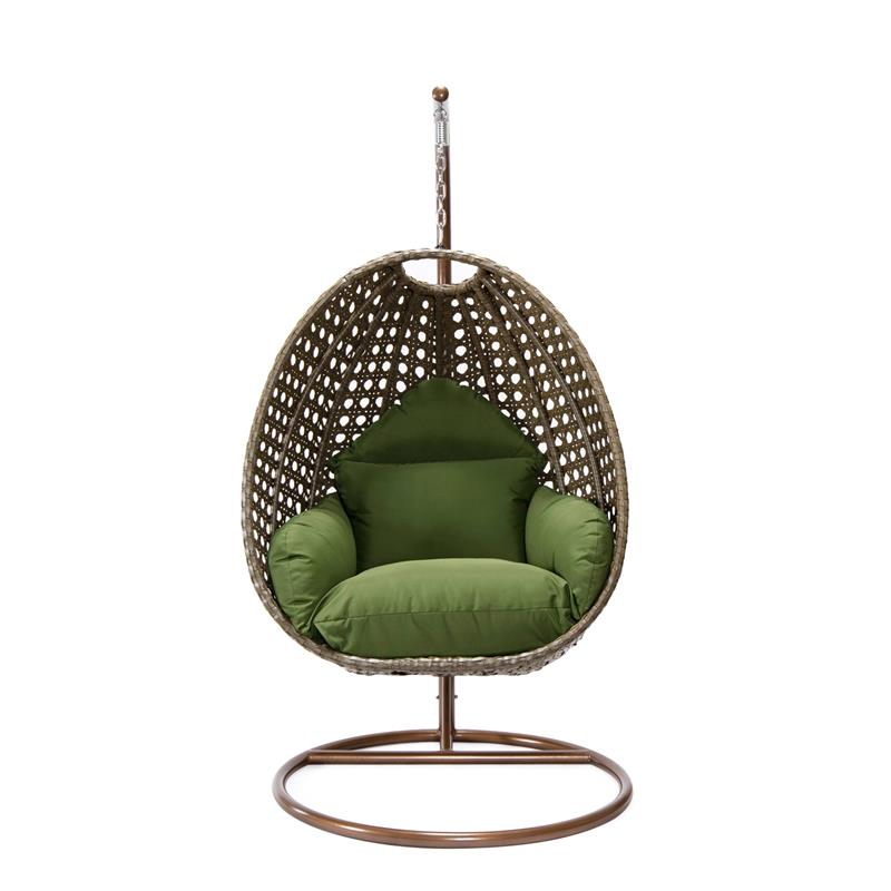 LeisureMod Beige Wicker Patio Egg Swing Chair with Stand in Dark Green