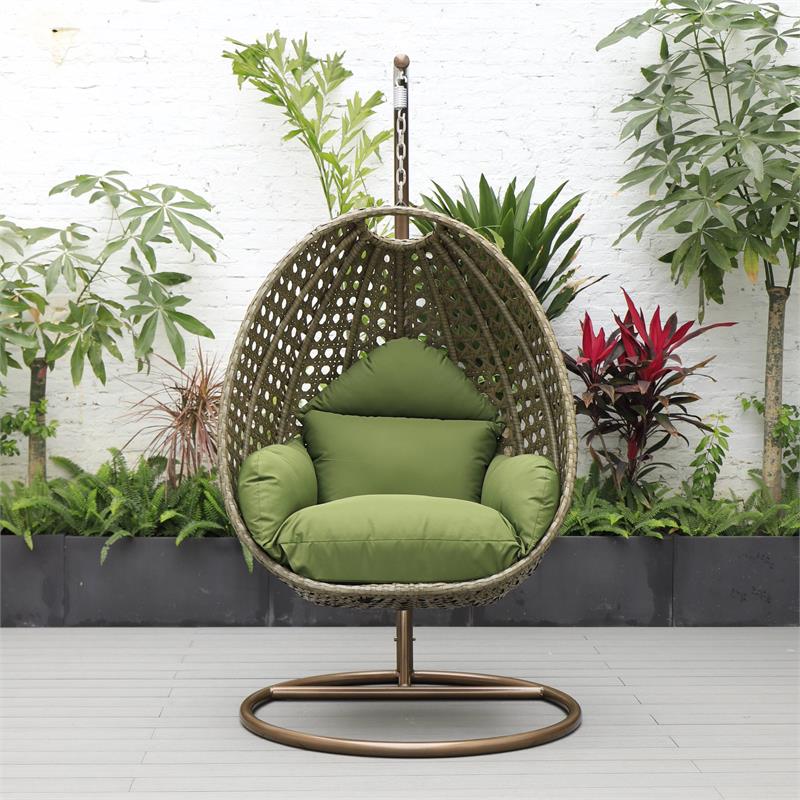LeisureMod Beige Wicker Patio Egg Swing Chair with Stand in Dark Green