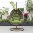 LeisureMod Beige Wicker Patio Egg Swing Chair with Stand in Dark Green