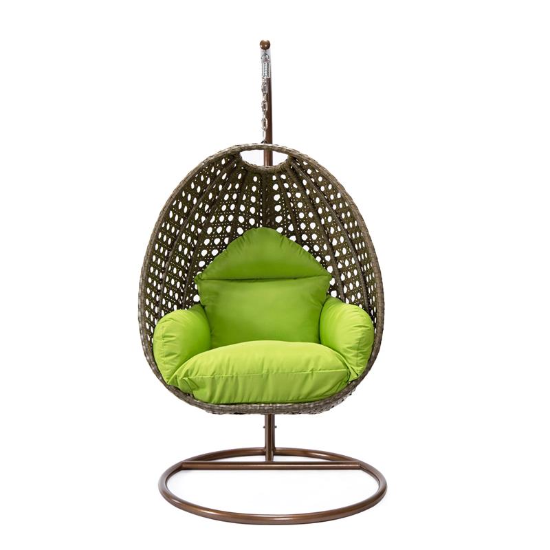 LeisureMod Beige Wicker Patio Egg Swing Chair with Stand in Light Green