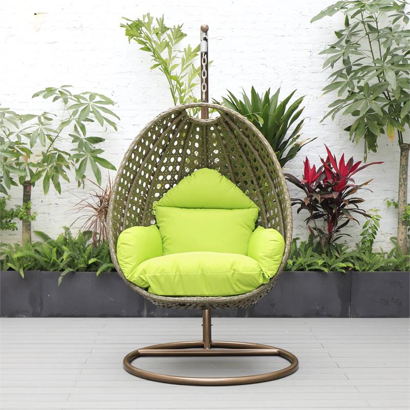 LeisureMod Beige Wicker Patio Egg Swing Chair with Stand in Light Green
