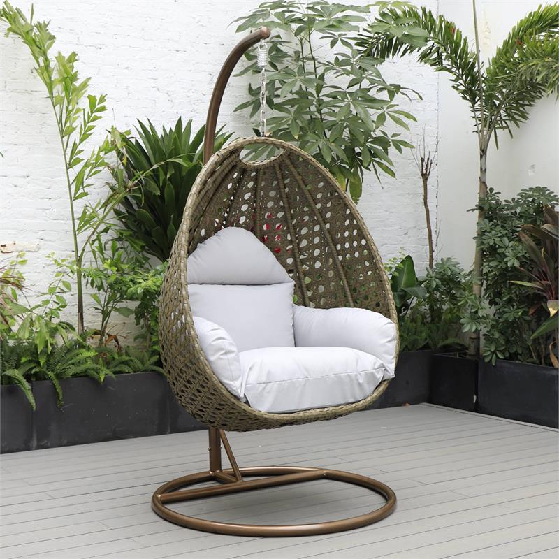 LeisureMod Beige Wicker Patio Egg Swing Chair with Stand in Light Grey