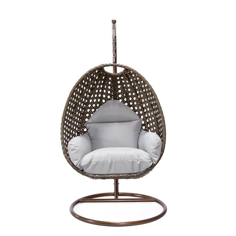 LeisureMod Beige Wicker Patio Egg Swing Chair with Stand in Light Grey