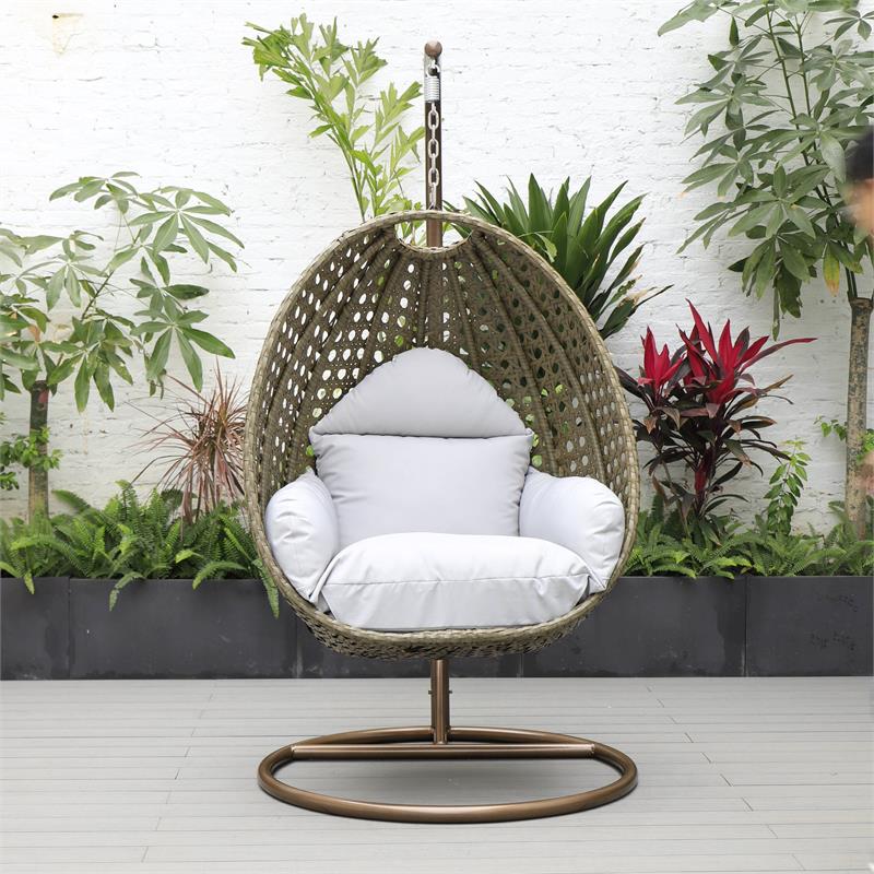 LeisureMod Beige Wicker Patio Egg Swing Chair with Stand in Light Grey