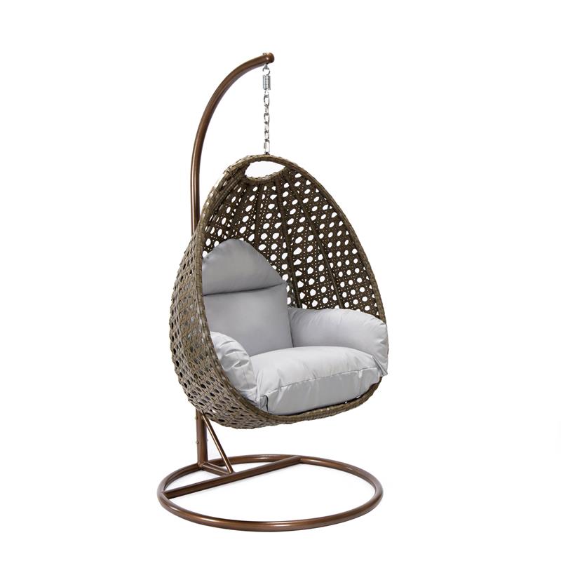 LeisureMod Beige Wicker Patio Egg Swing Chair with Stand in Light Grey