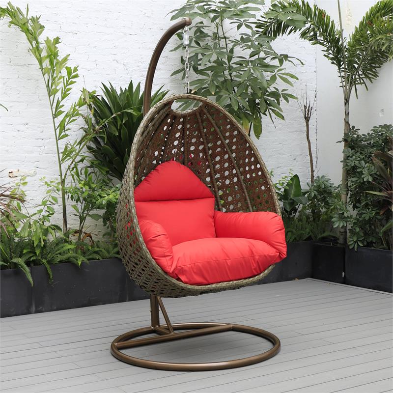 LeisureMod Beige Wicker Patio Egg Swing Chair with Stand in Red