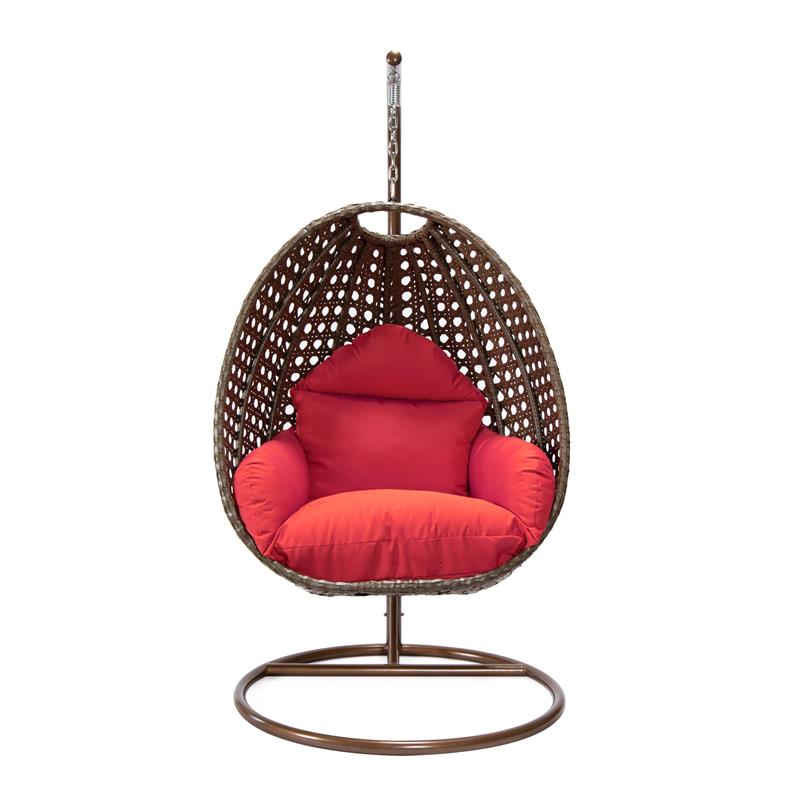 LeisureMod Beige Wicker Patio Egg Swing Chair with Stand in Red
