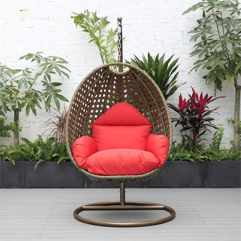 LeisureMod Beige Wicker Patio Egg Swing Chair with Stand in Red