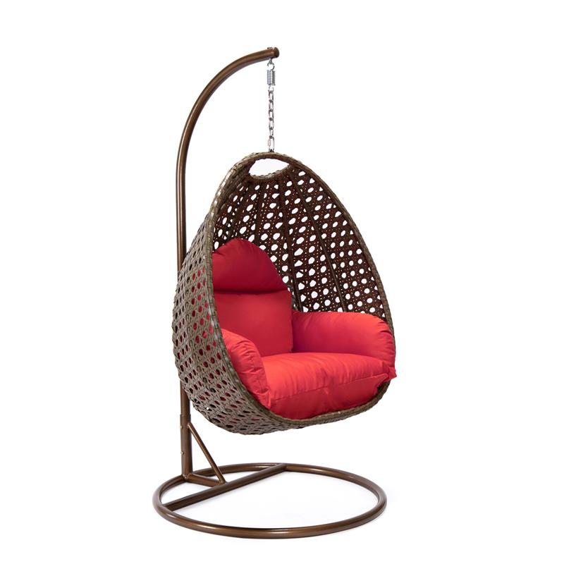 LeisureMod Beige Wicker Patio Egg Swing Chair with Stand in Red