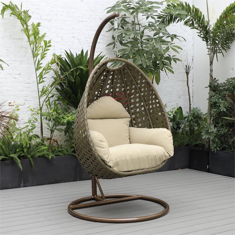 LeisureMod Beige Wicker Patio Egg Swing Chair with Stand in Taupe