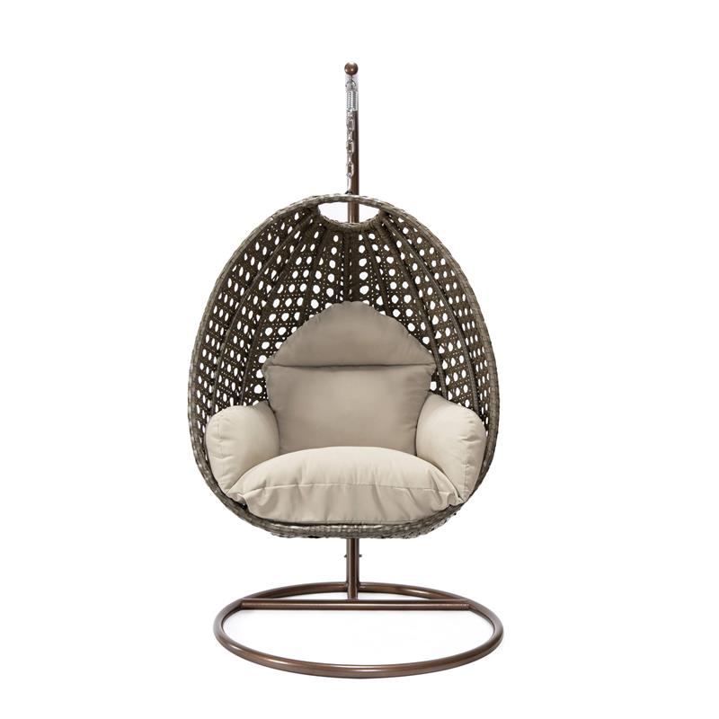 LeisureMod Beige Wicker Patio Egg Swing Chair with Stand in Taupe