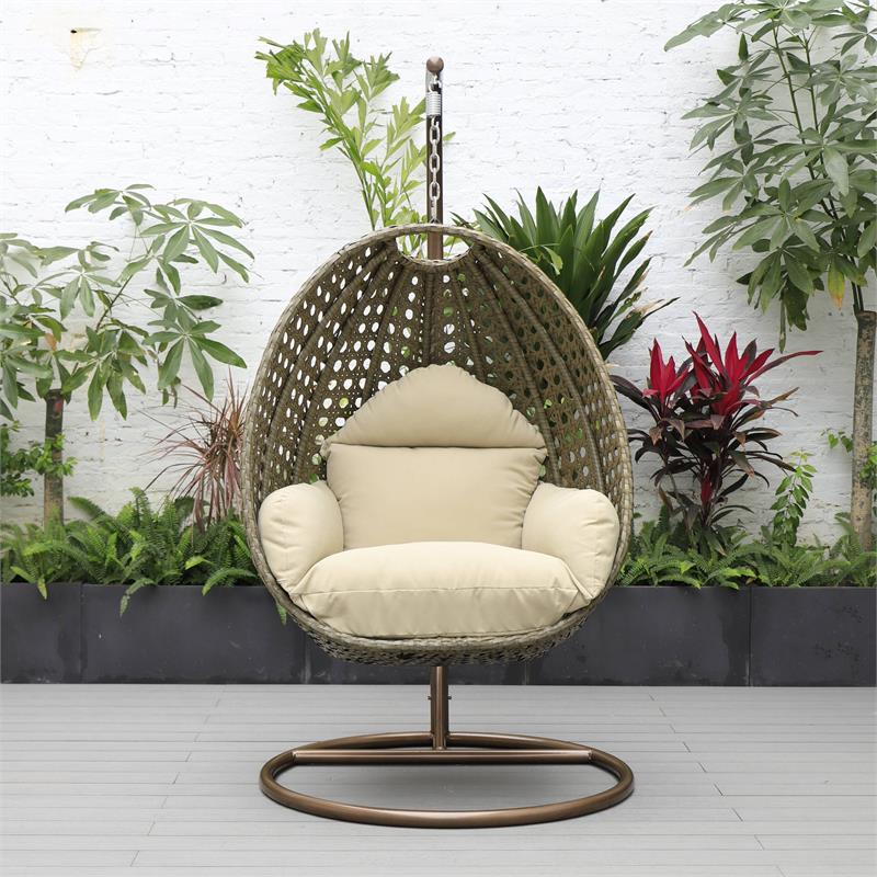 LeisureMod Beige Wicker Patio Egg Swing Chair with Stand in Taupe