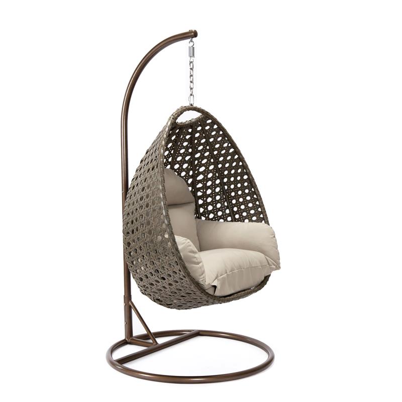 LeisureMod Beige Wicker Patio Egg Swing Chair with Stand in Taupe