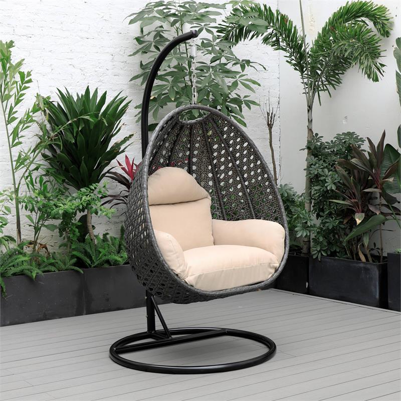 LeisureMod Charcoal Wicker Patio Egg Swing Chair with Stand in Beige