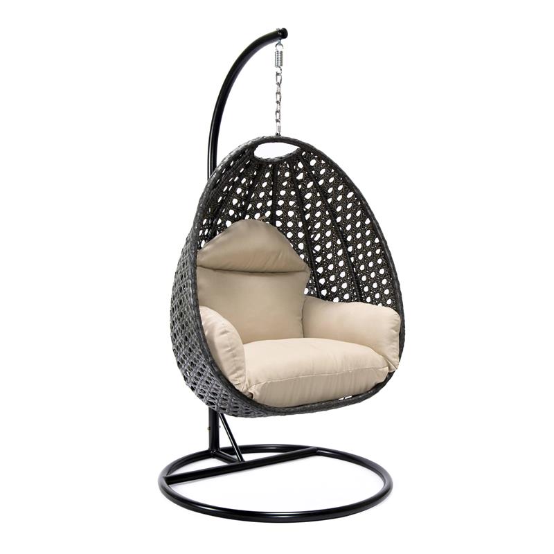 LeisureMod Charcoal Wicker Patio Egg Swing Chair with Stand in Beige