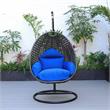 LeisureMod Charcoal Wicker Patio Egg Swing Chair with Stand in Blue