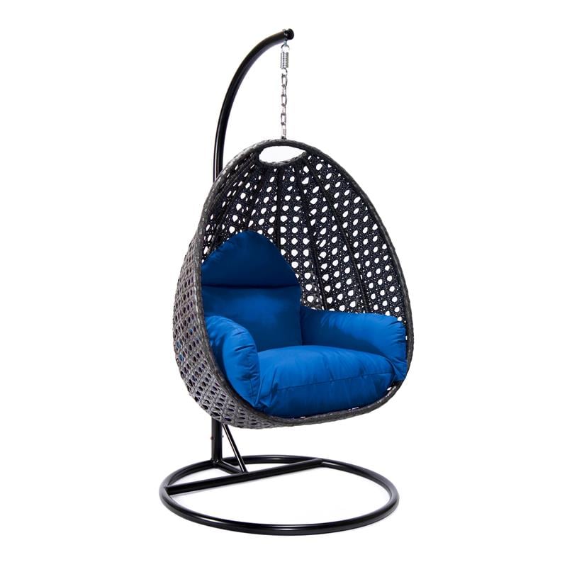 LeisureMod Charcoal Wicker Patio Egg Swing Chair with Stand in Blue