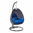 LeisureMod Charcoal Wicker Patio Egg Swing Chair with Stand in Blue