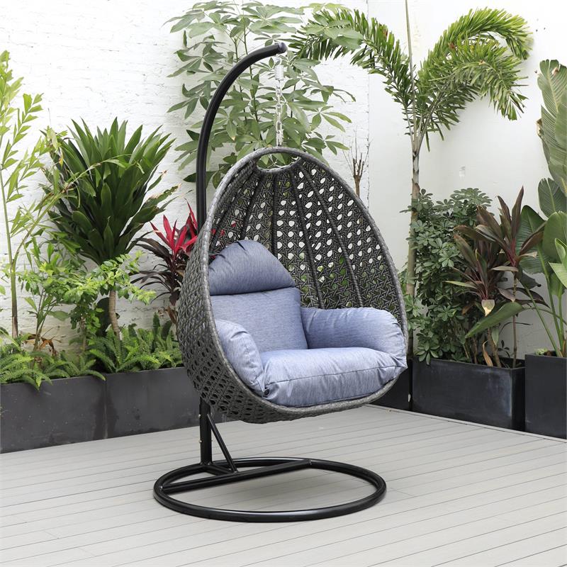 LeisureMod Charcoal Wicker Patio Egg Swing Chair with Stand in Charcoal Blue