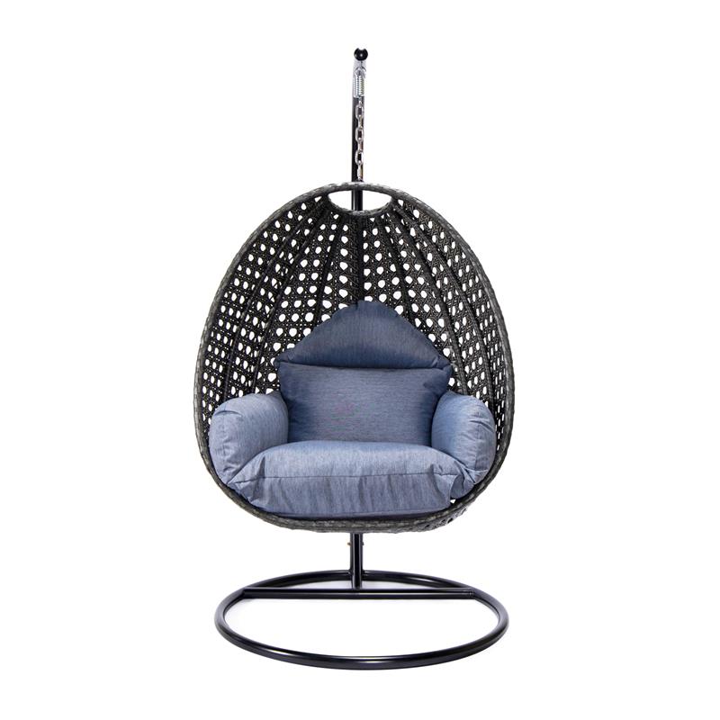 LeisureMod Charcoal Wicker Patio Egg Swing Chair with Stand in Charcoal Blue
