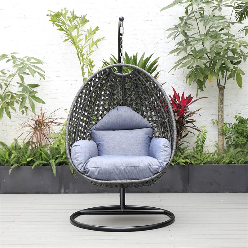 LeisureMod Charcoal Wicker Patio Egg Swing Chair with Stand in Charcoal Blue