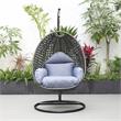 LeisureMod Charcoal Wicker Patio Egg Swing Chair with Stand in Charcoal Blue