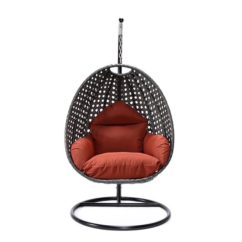 LeisureMod Charcoal Wicker Patio Egg Swing Chair with Stand in Cherry