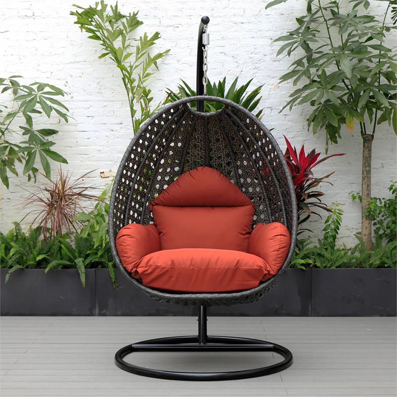 LeisureMod Charcoal Wicker Patio Egg Swing Chair with Stand in Cherry
