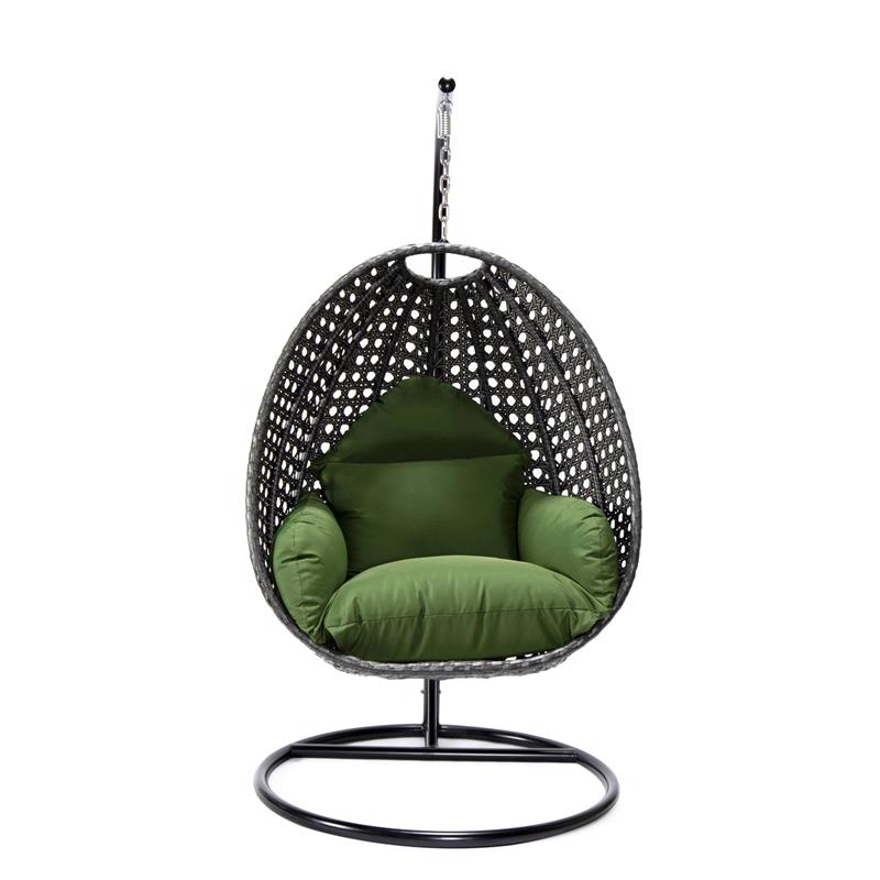 LeisureMod Charcoal Wicker Patio Egg Swing Chair with Stand in Dark Green