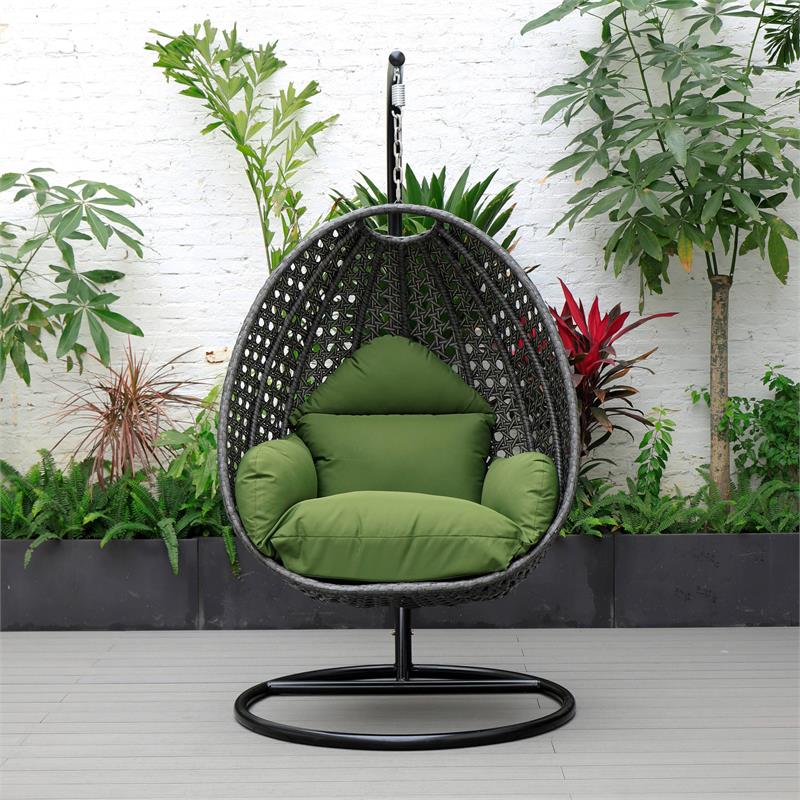 LeisureMod Charcoal Wicker Patio Egg Swing Chair with Stand in Dark Green