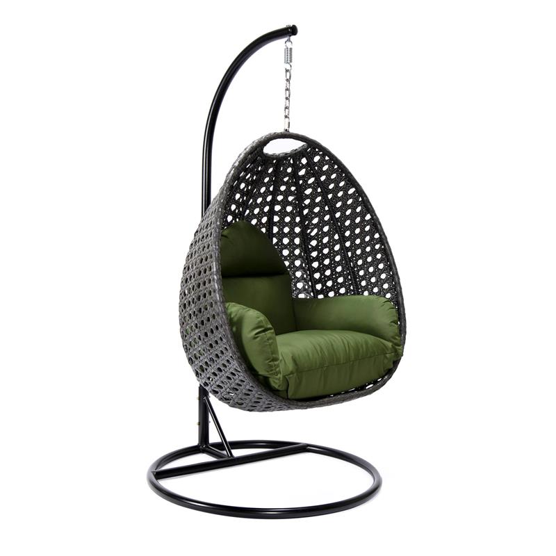 LeisureMod Charcoal Wicker Patio Egg Swing Chair with Stand in Dark Green