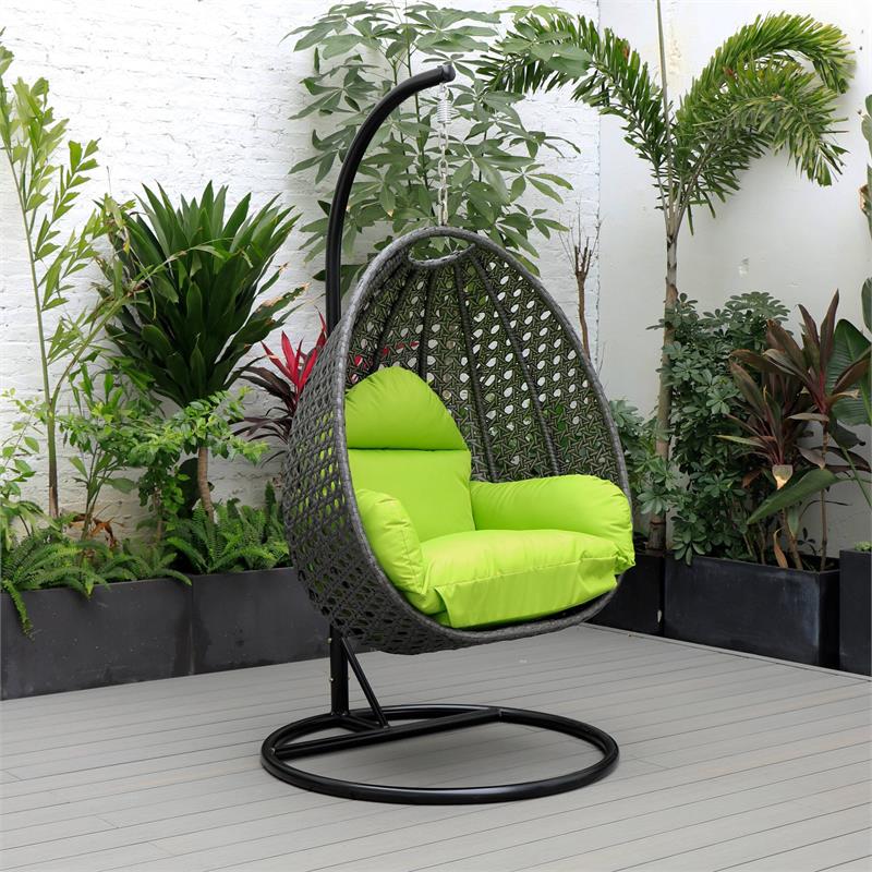 LeisureMod Charcoal Wicker Patio Egg Swing Chair with Stand in Light Green
