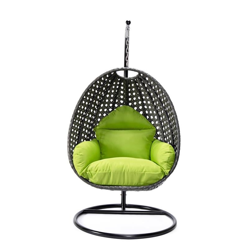 LeisureMod Charcoal Wicker Patio Egg Swing Chair with Stand in Light Green