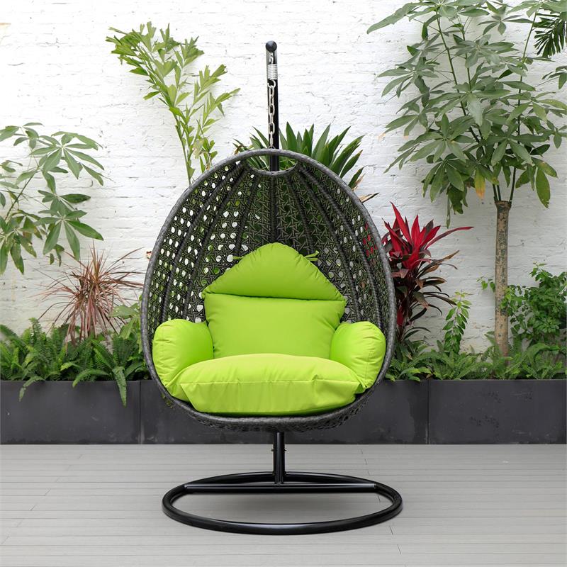 LeisureMod Charcoal Wicker Patio Egg Swing Chair with Stand in Light Green