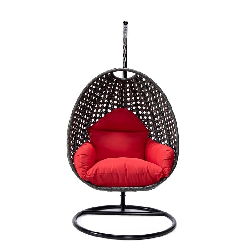 LeisureMod Charcoal Wicker Patio Egg Swing Chair with Stand in Red
